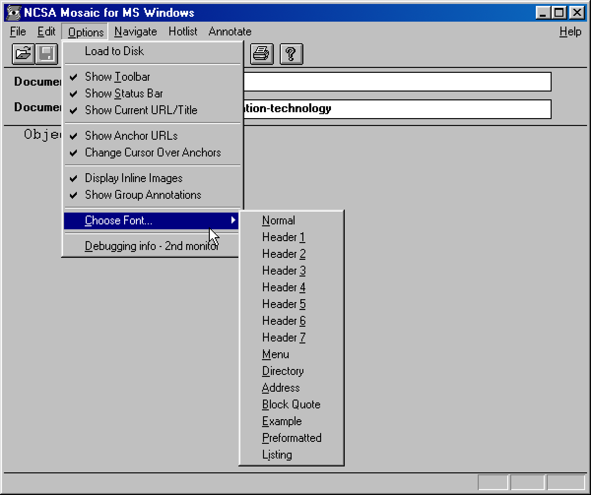 Screenshot van Mosaic 1.0 met het Choose Font menu opengeklapt: Gebruikers konden voor elk soort tag instellen hoe het er uit zag.