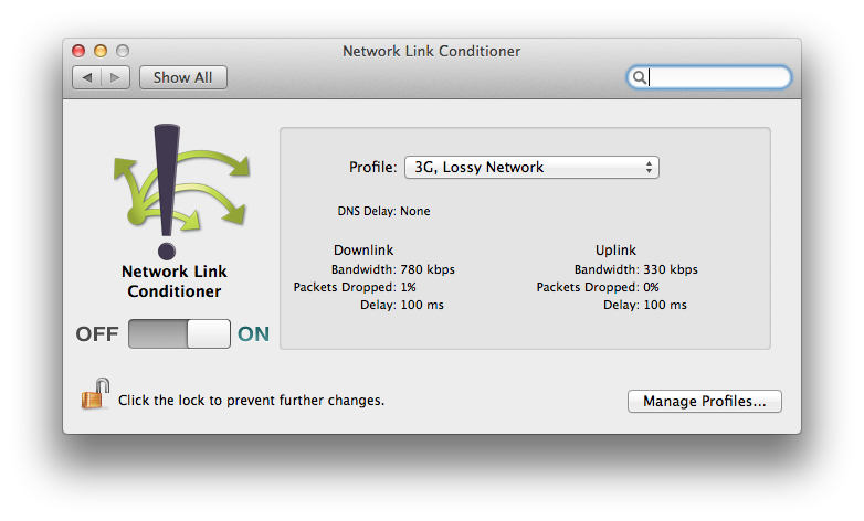 Schermafbeelding van het voorkeurenpaneel 'Netwerk Link Conditioner' in Mac OS X