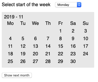 Een voorbeeld van een kalendercomponent waarbij de begindag van de week kan worden ingesteld