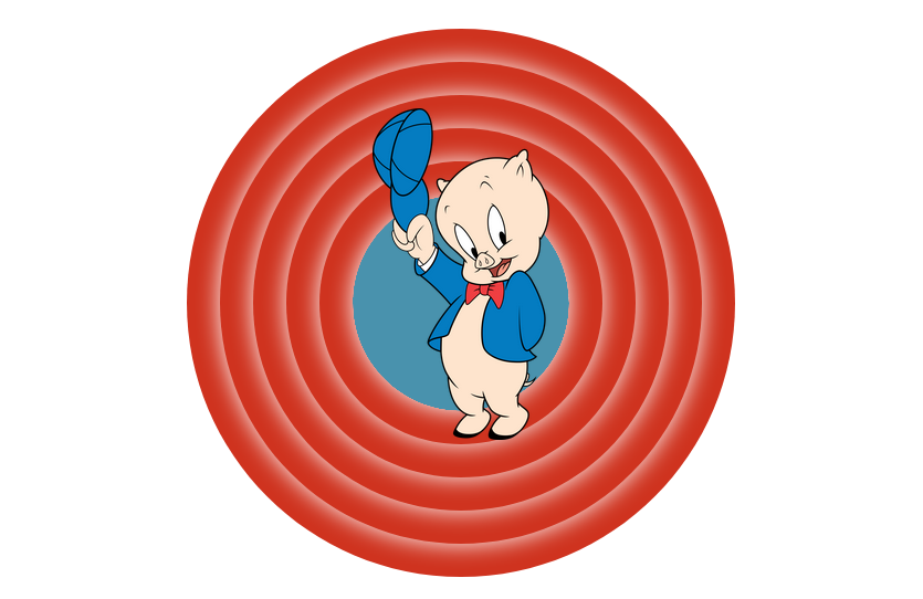 Porky Pig is boven op de cirkels gepositioneerd.