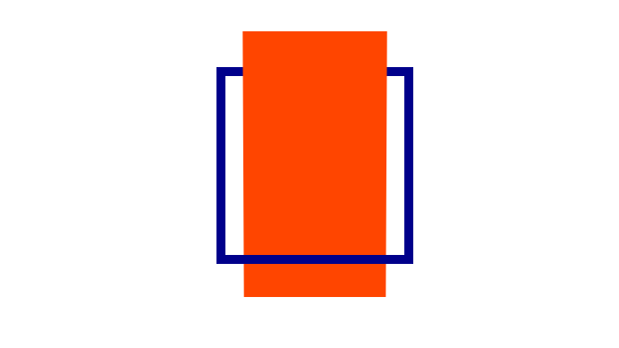Een oranje vierkant dat door een blauwe rand steekt: aan de bovenkant zit het over de blauwe rand, maar aan de onderkant zit het achter de rand.