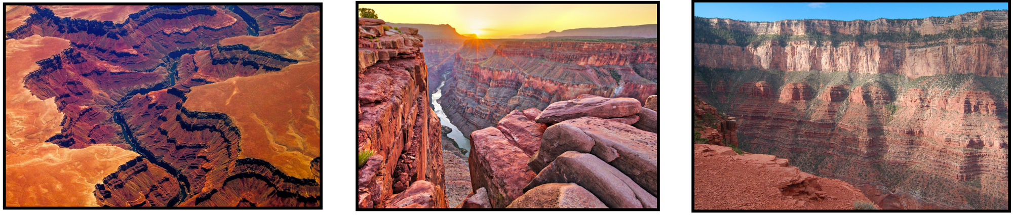 Een rij van 3 foto’s van de Grand Canyon. De meest linkse is een hoog genomen luchtfoto, waarin de GC als scheur door het landschap trekt. De middelste foto is genomen vanaf de rand van een plek in de GC, een groot ravijn tonend waar onderin een rivier loopt. De rechtse foto toont een wand van de GC waarin de verscheidene aardlagen duidelijk zichtbaar worden.