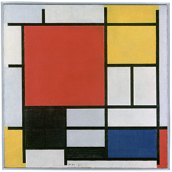 Schilderij van Piet Mondriaan met vlakken in diverse kleuren waaronder rood, blauw, geel, wit, zwart en grijs