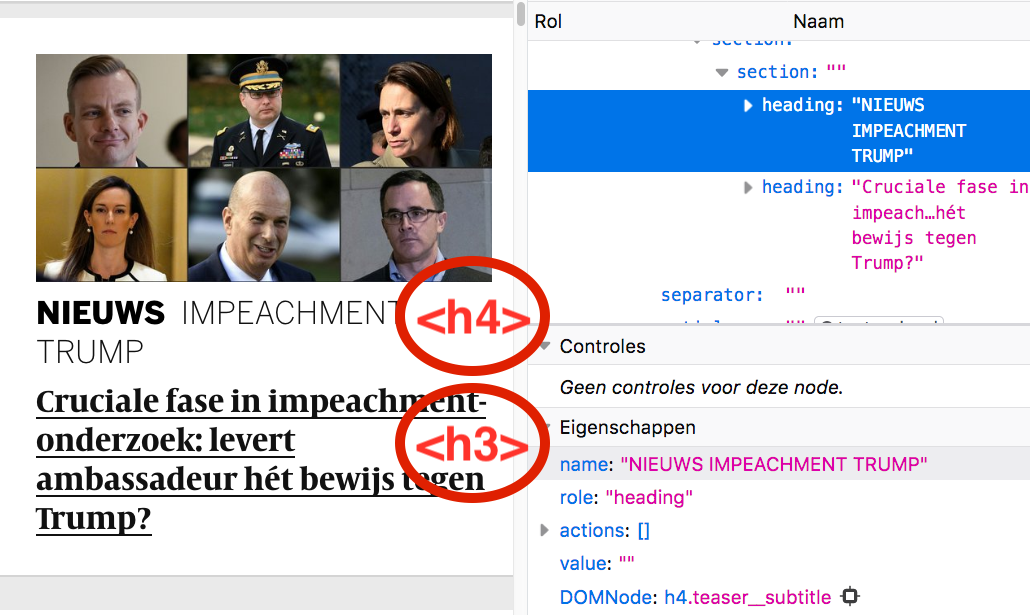 Verkeerde koppenstructuur bij nieuwsblokje homepage Volkskrant, eerst h4 (chapeau) en dan h3
