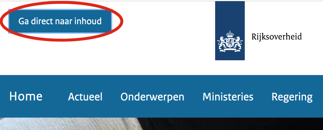 Screenshot skiplink Rijksoverheid.nl