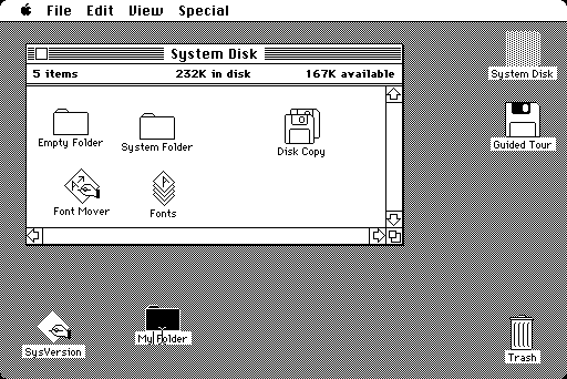 Een Apple Macintosh desktop uit begin jaren tachtig