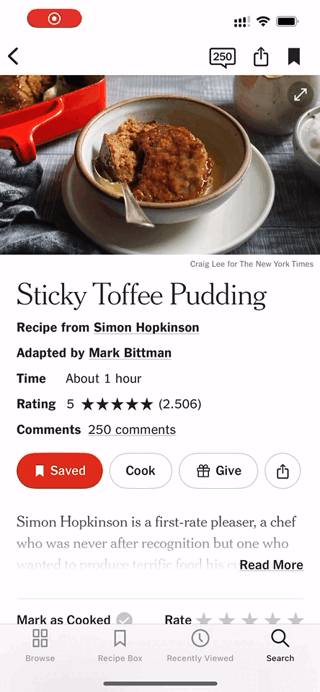 A screenrecording of the NYTimes cooking app. The recipe is selected, sliding in from below. When clicking the tabs 'ingredients' and 'preparation', the according pages slide in from the side of the tab, either right or left. On closing the recipe, the page slides down again, and closing the full recipe, it slides out of screen to reveal an index 