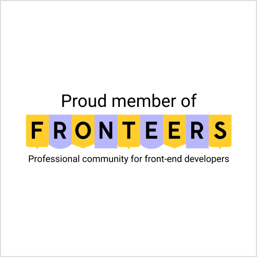 Square badge, alternating Fronteers logo V1 and text 'Proud member of Fronteers — professional community for front-end developers'