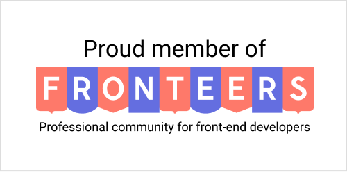 Square badge with text 'Proud member of Fronteers — professional community for front-end developers'