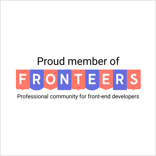 Square badge, alternating Fronteers logo V2 and text 'Proud member of Fronteers — professional community for front-end developers'