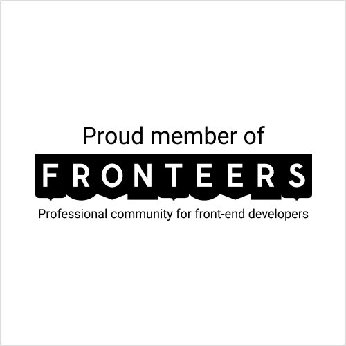 Square badge, black Fronteers logo and text 'Proud member of Fronteers — professional community for front-end developers'