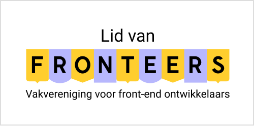 rechthoekige badge met alternerend Fronteers logo V1 en tekst 'Trots lid van Fronteers - Vakvereniging voor front-end ontwikkelaars'