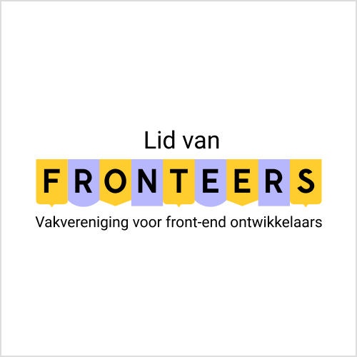 vierkante badge met alternerend Fronteers logo V1 en tekst 'Trots lid van Fronteers - Vakvereniging voor front-end ontwikkelaars'