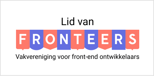 rechthoekige badge met alternerend Fronteers logo V2 en tekst 'Trots lid van Fronteers - Vakvereniging voor front-end ontwikkelaars'