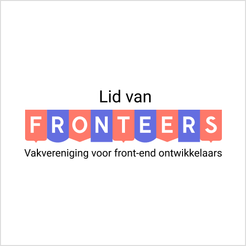 vierkante badge met alternerend Fronteers logo V2 en tekst 'Trots lid van Fronteers - Vakvereniging voor front-end ontwikkelaars'