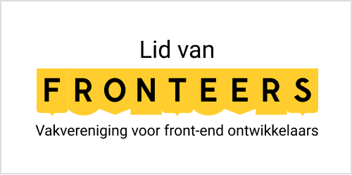 rechthoekige badge met geel Fronteers logo en tekst 'Trots lid van Fronteers - Vakvereniging voor front-end ontwikkelaars'