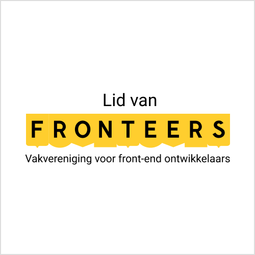 vierkante badge met geel Fronteers logo en tekst 'Trots lid van Fronteers - Vakvereniging voor front-end ontwikkelaars'