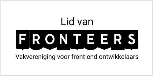 rechthoekige badge met zwart Fronteers logo en tekst 'Trots lid van Fronteers - Vakvereniging voor front-end ontwikkelaars'