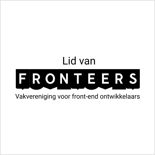 vierkante badge met zwart Fronteers logo en tekst 'Trots lid van Fronteers - Vakvereniging voor front-end ontwikkelaars'