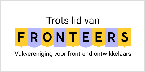 rechthoekige badge met alternerend Fronteers logo V1 en tekst 'Trots lid van Fronteers - Vakvereniging voor front-end ontwikkelaars'