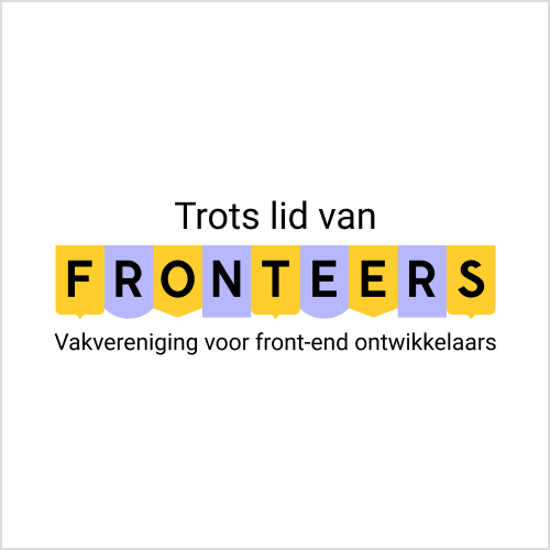 vierkante badge met alternerend Fronteers logo V1 en tekst 'Trots lid van Fronteers - Vakvereniging voor front-end ontwikkelaars'