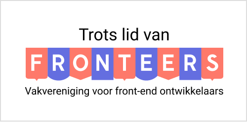 rechthoekige badge met alternerend Fronteers logo V2 en tekst 'Trots lid van Fronteers - Vakvereniging voor front-end ontwikkelaars'