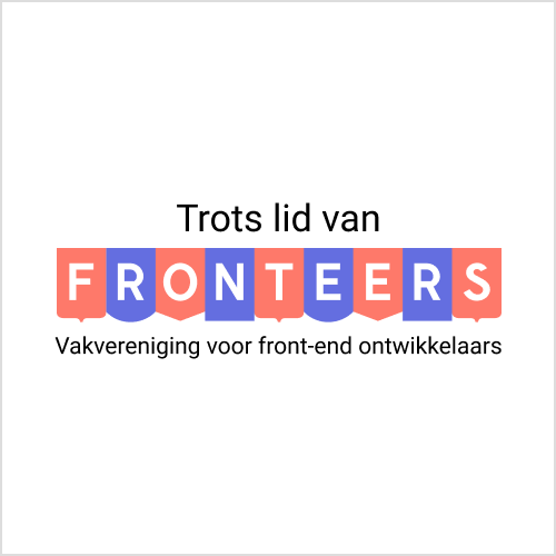 vierkante badge met alternerend Fronteers logo V2 en tekst 'Trots lid van Fronteers - Vakvereniging voor front-end ontwikkelaars'