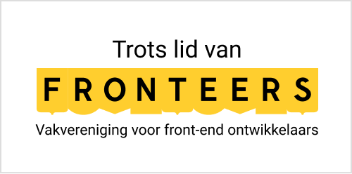 rechthoekige badge met geel Fronteers logo en tekst 'Trots lid van Fronteers - Vakvereniging voor front-end ontwikkelaars'