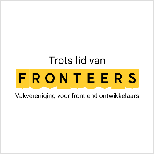 vierkante badge met geel Fronteers logo en tekst 'Trots lid van Fronteers - Vakvereniging voor front-end ontwikkelaars'