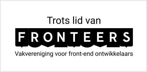 rechthoekige badge met zwart Fronteers logo en tekst 'Trots lid van Fronteers - Vakvereniging voor front-end ontwikkelaars'