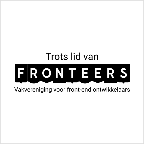 vierkante badge met zwart Fronteers logo en tekst 'Trots lid van Fronteers - Vakvereniging voor front-end ontwikkelaars'